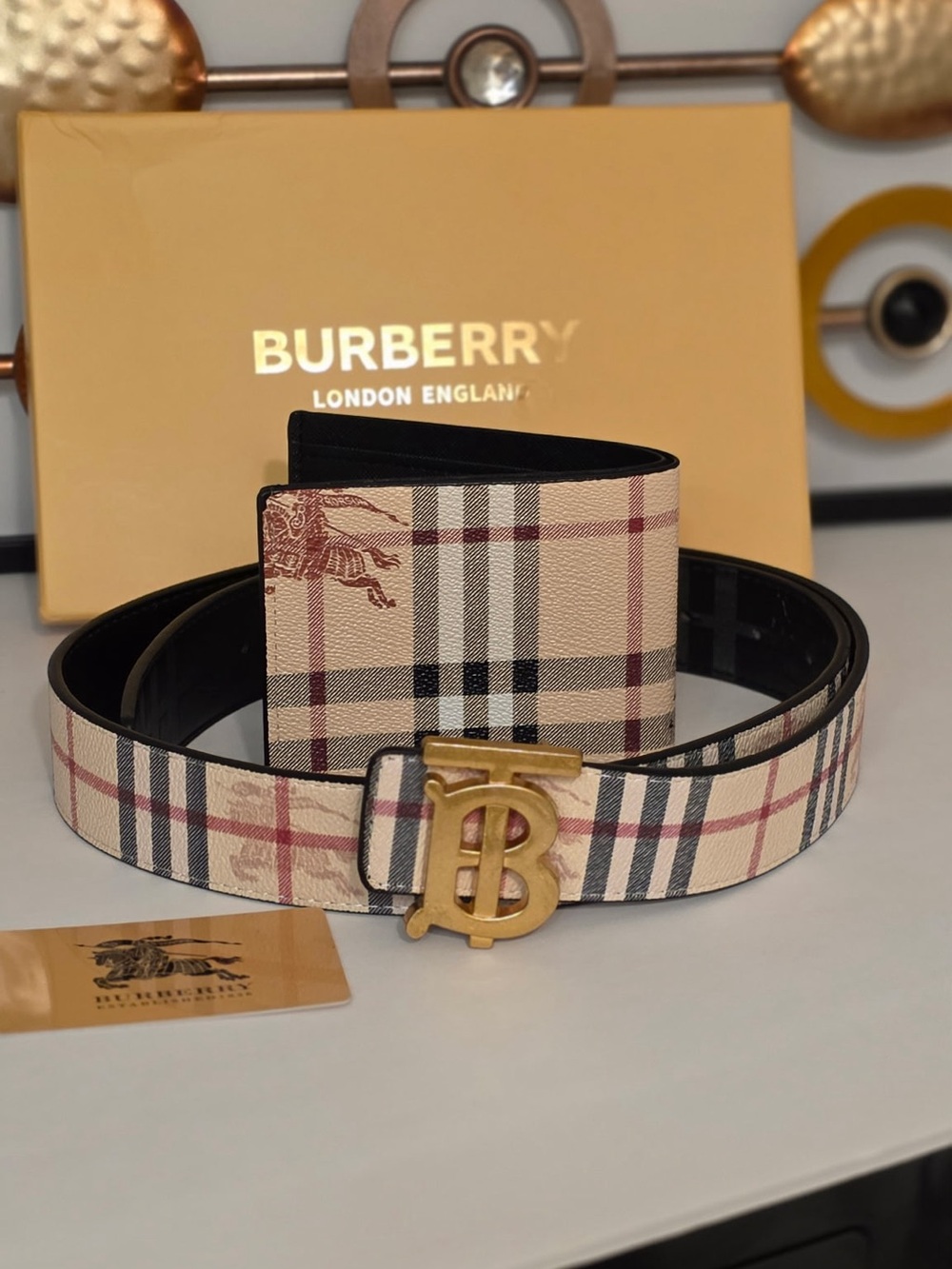 Burberry Beige Vintage Check Wallet & Burberry Buckle Belt Set